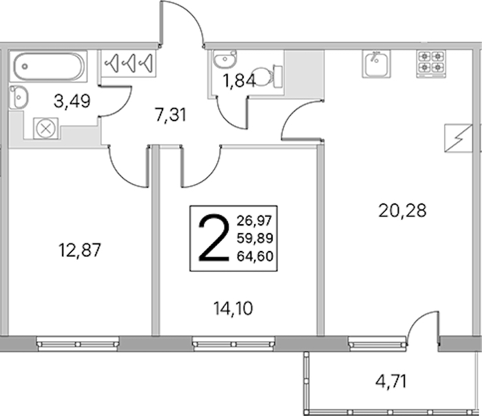 2-комнатная квартира 59.89 м², 3/5 эт., ЖК «ЮгТаун. Олимпийские кварталы»
